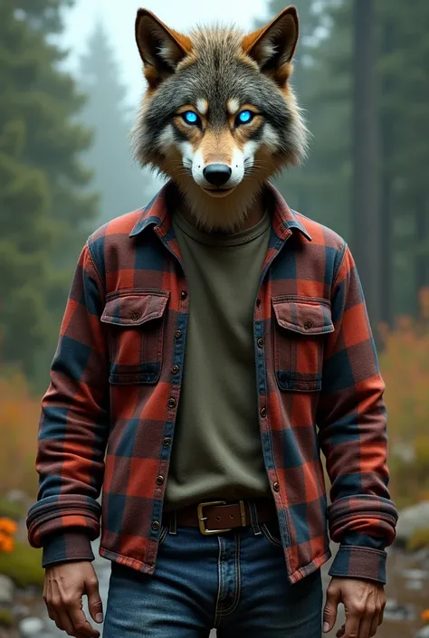  plaid shirt , blue jeans and blue wolf lenses