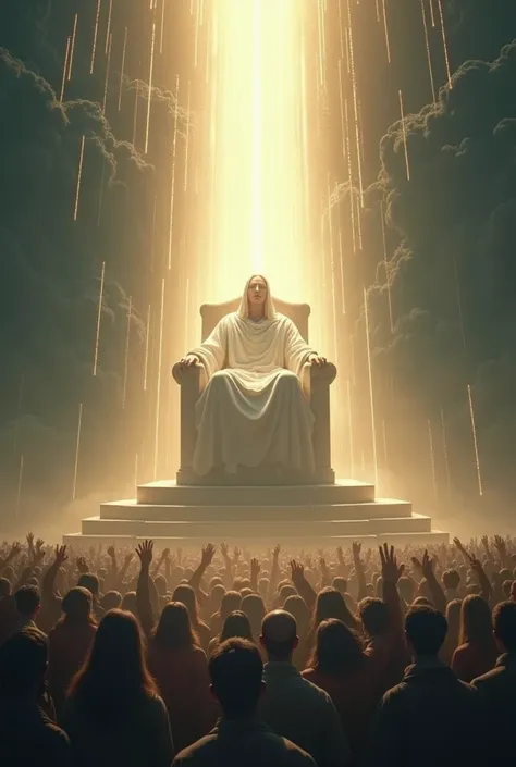 Good sitting on his throne with his face covered with rays of lights and people on earth running towards him in a magnificent manner 