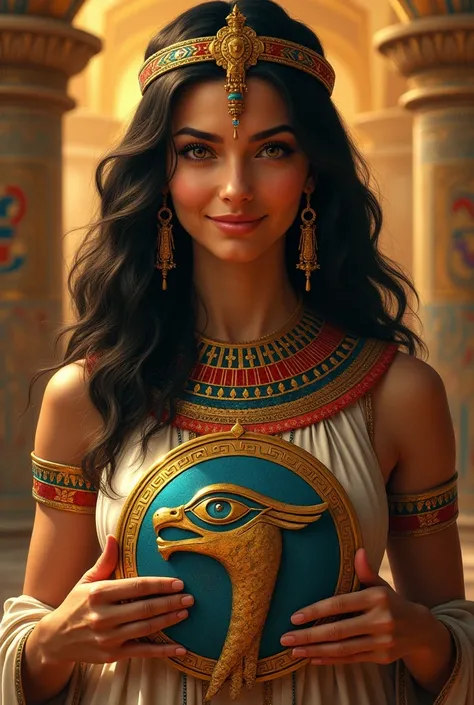 A beautiful queen Cleopatra looking straight ahead, smiling and holding the eye of an oruz shield in her hands