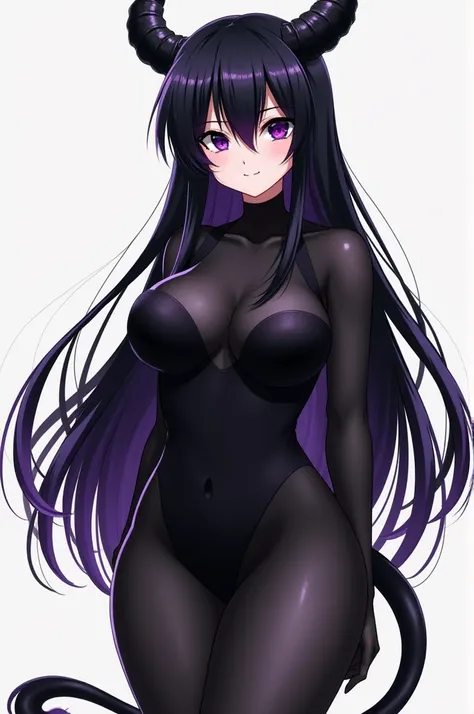  A boku no hero academi-style anime girl with long black hair below her thighs her hair up to the tips are purple small eyes (torn)  black curbilinous body  (90 50 90 )  dark complexion height 1 , 50cm has black demon horns her bangs almost cover her eyes ...