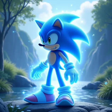  Sonic now displays a radiant light blue ,  their thorns gaining a soft and brilliant tone ,  as if it were made of the skys own light .  Your skin acquires a shimmering blue hue , that glows ethereally . Around him,  a deep and translucent blue aura emana...