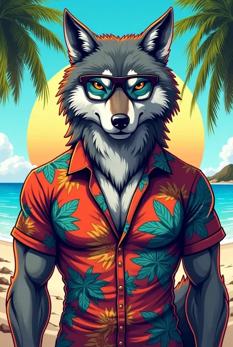 Create a logo of a company where there is a serious wolf wearing a Hawaiian shirt with some gyms and glasses and the name of the company sea gray wolf style with a summer background