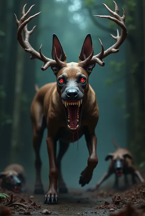 for a horror movie . A Doberman sitting , With deer horns ,  short legs and a terrifying face with very large teeth,  huge red eyes and drooling, eating their puppies  
