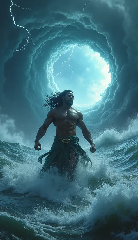 Angry poseidon, ocean water vortex, tornado wormhole above, ravaging wave, storm, dark, lightning and thunder, Idris Elba as Poseidon, High Resolution, Long fluttered Hair, ultra detailed, award winning