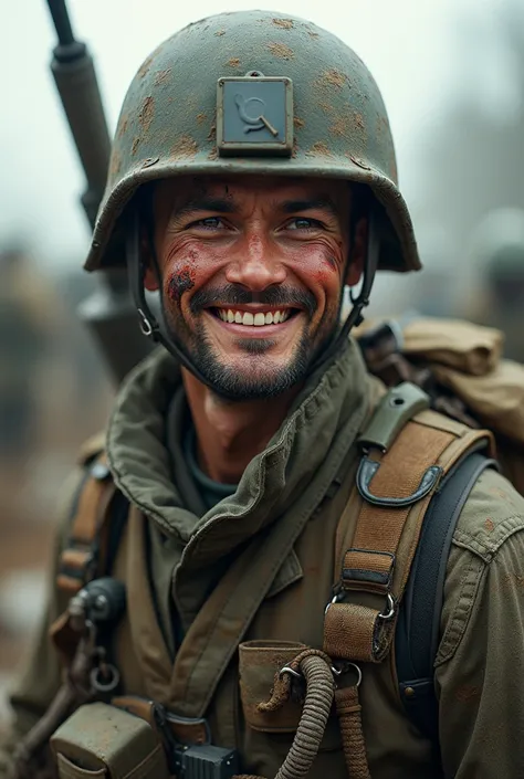  Create an image of a soldier , All grated ,  with the ripped uniform , some injuries ,  as if he had left a battle, but with the happy face .  He has to be dirtier and more bruised, But with a happy face . Redo.