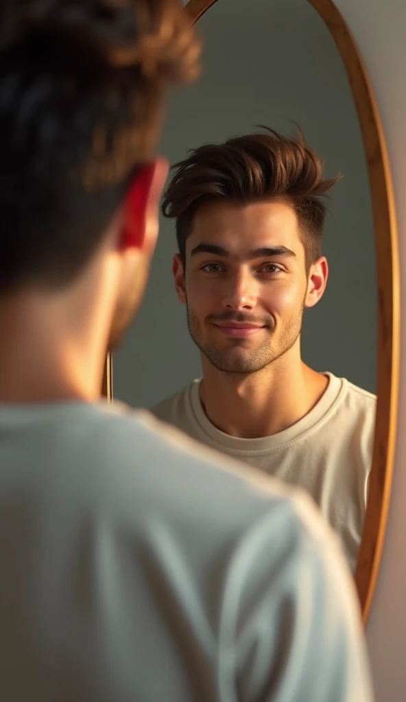 a young man standing in front of a mirror smiling to himself