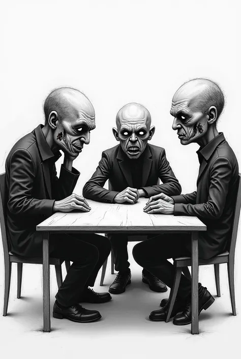 unrealistic image ,  with people in the form of a drawing,  sitting at a table angry , in black and white