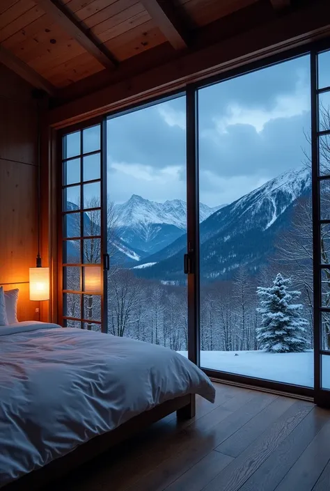 wide japanese bedroom at night  with  snowy mountain view