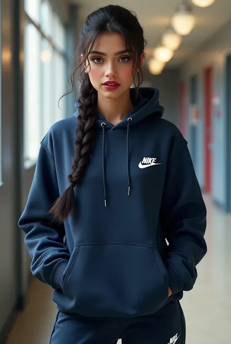 A beautiful realistic Punjabi high school girl with a braid she is wearing a navy blue Nike hoodie with a small white woven logo with Nike writing on the right and matching Nike navy pants with a small white woven logo with Nike writing on the right and ma...