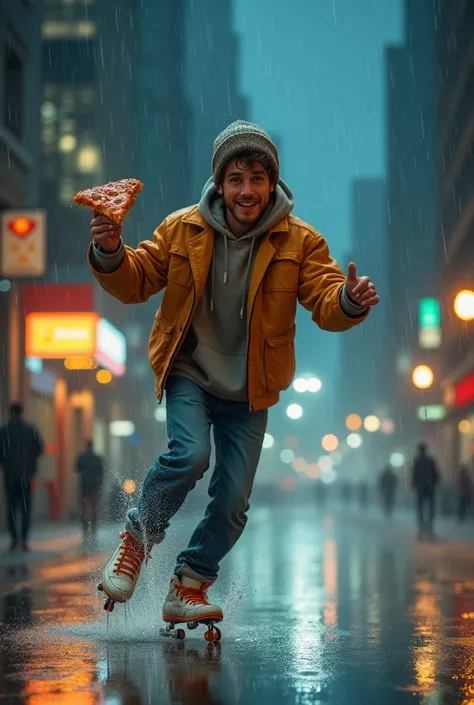 Image of man skating and eating pizza in the rain 
