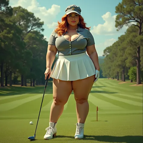 Baroque rococo renaissance surrealism photo of a woman on a golf course, with an hourglass figure (cleavage:3.0), slim hips, (butt:3.0), and exaggerated features. She is wearing a fitted gray golf polo and a short pleated white skirt, holding a golf club. ...