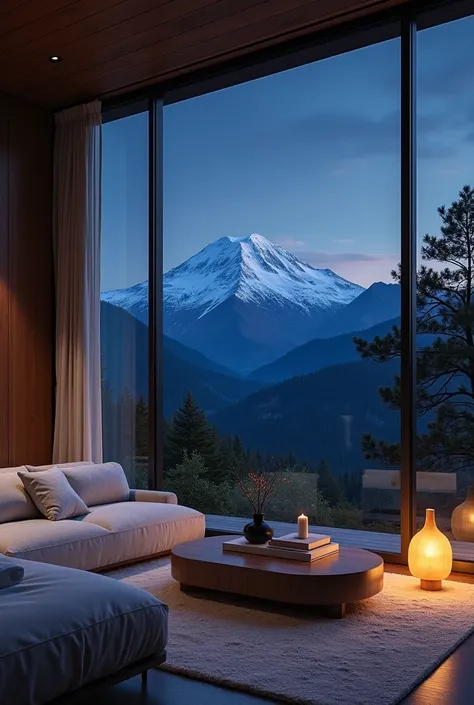 japanese wide living room at night with mountain view