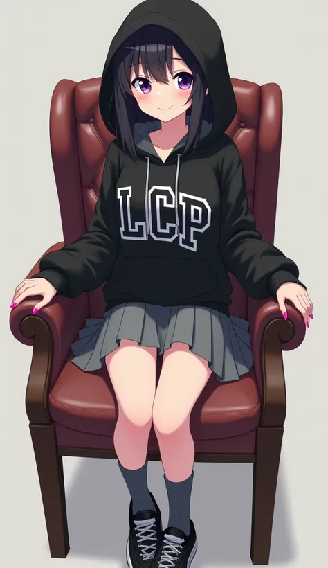 Anime teen woman with black hair and purple eyes and pink nails and wearing 
Black poleron and hood facing down has a logo LCCP with white borders and gray background each letter and centered Athletic-style font on the chest and wears a gray skirt and blac...