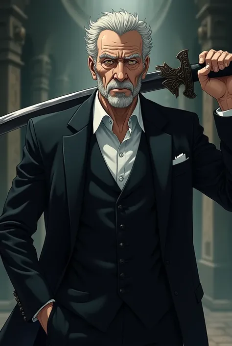 Create an anime character of a  old male wearing a black suit, white shirt, long black pants holding the Alucard skin legend sword on his shoulder 