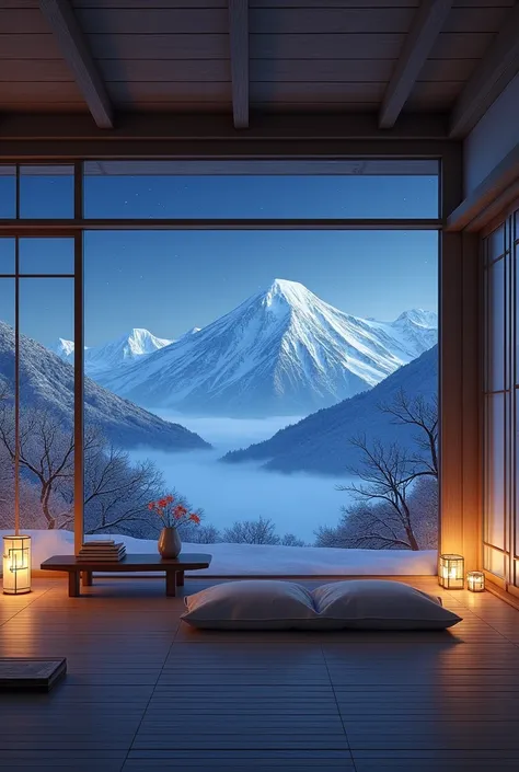 japanese wide living room at night with snowy mountain view