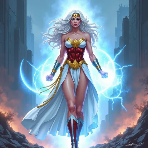 Create Wonder Woman white costume with gold parts and white hair and an aura of divine power blue and pink and bright blue eyes set against a destroyed city 
Comic style (Do the traits of DC Comic )