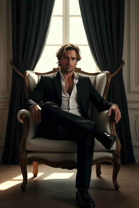  The image shows a man sitting confidently in an elegant chair ,  within a classic and sophisticated environment . her wavy hair, light brown or dark blonde, is slightly disheveled ,  and his expression conveys a mixture of mystery and security ,  accentua...