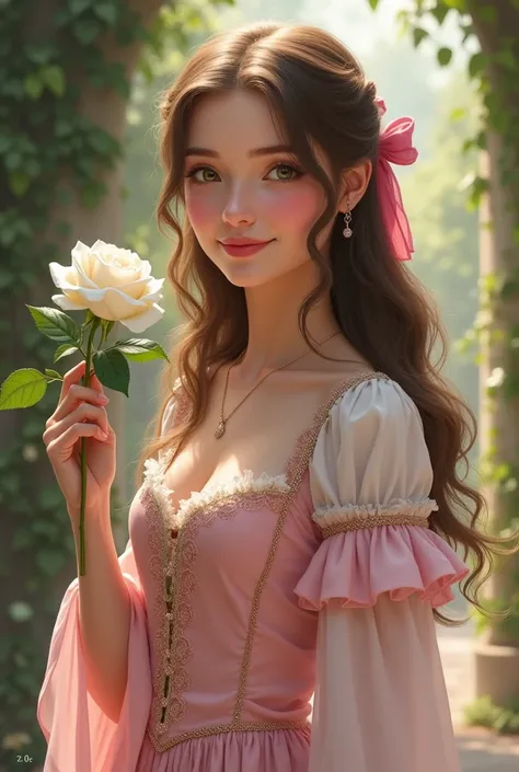 Beautiful, cheerful 21 year old woman with long, wavy light brown hair,  innocent green eyes ,  an oval and beautiful face with full lips and small nose ,  medieval style pale pink dress ,  holding a white rose and showing it to the spectator .  With a pin...