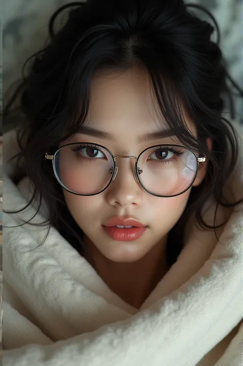 "A close-up portrait of a fierce and confident young woman lying down, her dark, sleek hair slightly messy, wearing oversized round glasses that reflect soft light. Her sharp features include almond-shaped eyes and full lips with a neutral expression, crea...