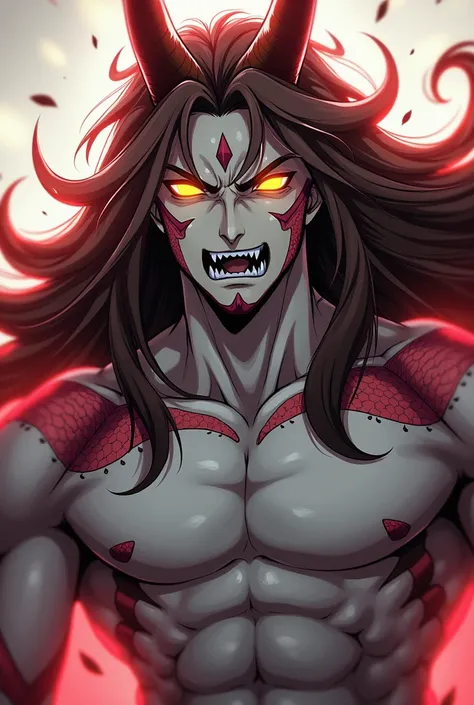 Estilo Boku no hero academia man long brown hair bright yellow eyes with horns white skin red scales on the cheeks and some on the face with fangs large and aesthetic athletic build