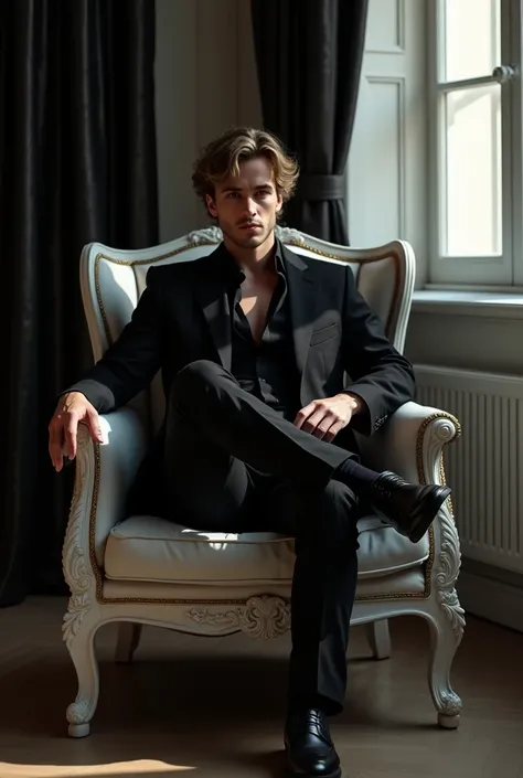  The image shows a man sitting confidently in an elegant chair ,  within a classic and sophisticated environment . her wavy hair, light brown or dark blonde, is slightly disheveled ,  and his expression conveys a mixture of mystery and security ,  accentua...