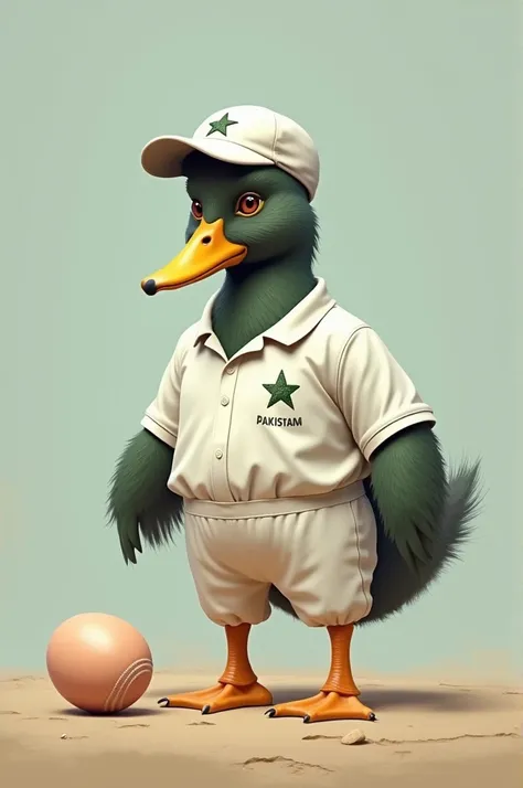 Generate an image of duck in cricket kit having face of shahid afridi with an egg on ground 