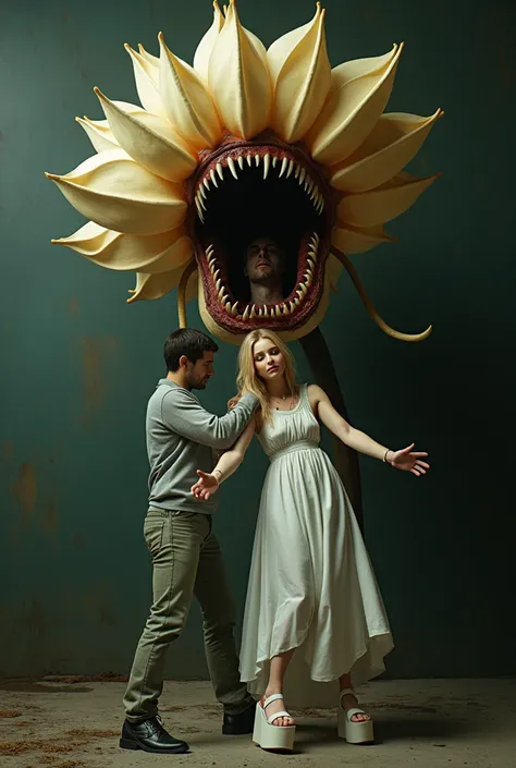 A man grabs an  blonde woman  dressed as virgin mary  in 15cm white platform sandals and puts her body in the mouth of a mutant flower with fangs and tentacles. (head first)