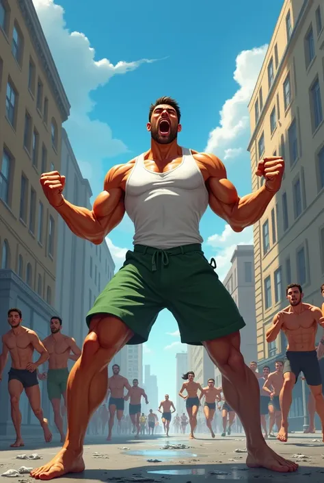  The image is a digital illustration of a muscular man in a fighting position .  wearing a white tank top and green shorts, with his arms extended in front of him .  has his fist clenched and his mouth is open, as if he is shouting or calling .  The backgr...