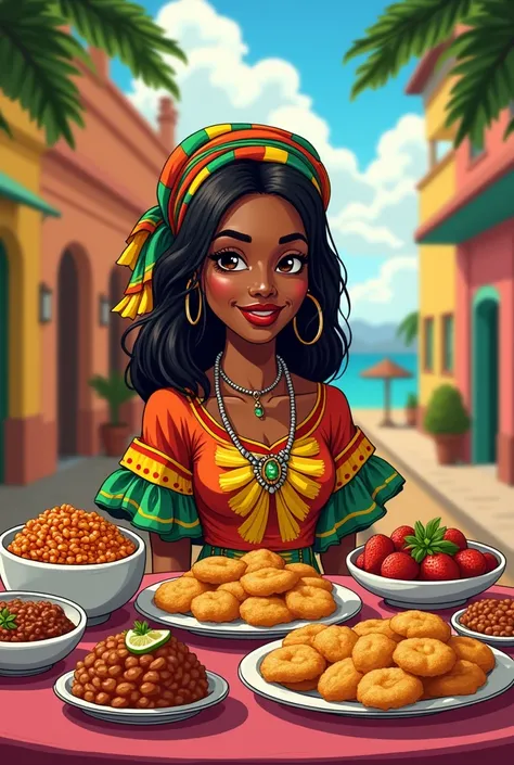 I need an image with a table with Bahian food and a black woman in front of the table. I need the image to be like a cartoon and I also need the food to be from Bahia, the woman with the straight hair.