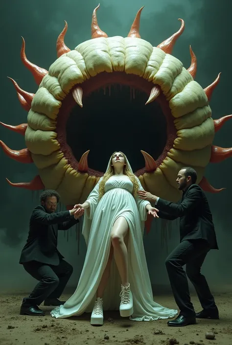 A man grabs an  blonde woman  dressed as virgin mary  in 15cm white platform sandals and puts her body in the mouth of a mutant flower with fangs and tentacles. (head first)