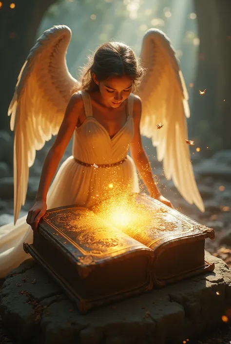 A big brown glowing book with an angel standing beside it