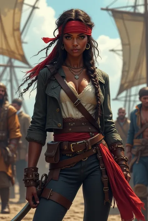 woman with black skin, chocolate eyes, dark brown hair in several braids, pirate clothing, red scarf on her forehead