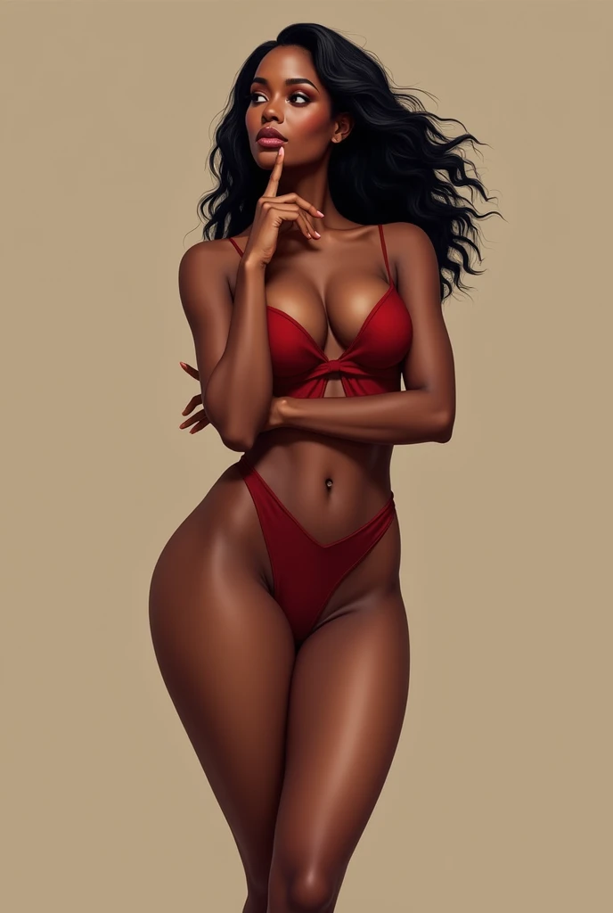 A Nigeria woman with a finger on her chin as she stands, thinking. Shes fair, beautiful, lean with curves, sexy, cute and has an Igbo looks.a woman saying merry christmas with a beautiful smile and gentle hand gestures