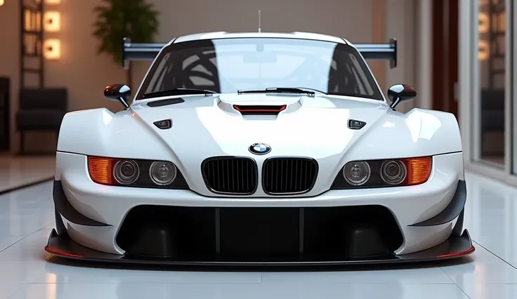 Create a  (front side view) review car design 2025 (BMW M3 gtr E46 ) “(white ♦️) colour with a “(BMW) ” logo on front. “” on its  front side end look. and. Headlights“in pure glossy front with ultra detailed glossy shining image captured from  (front side ...