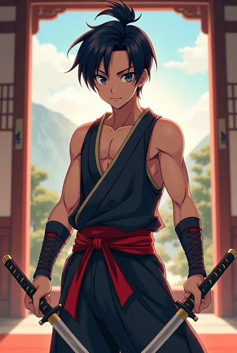  Create a young male character in the anime style, whose appearance looks like a samurai , He wears two daggers 