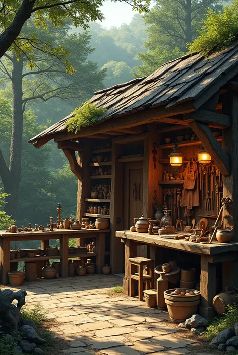 Antique outdoor carpentry workshop without people 

