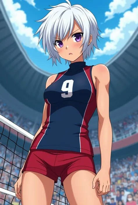 Russian girl with a short white hair and shes a volleyballer, make her tall and serious and her eyes purple Hajime no Ippo style maybe her hair little bit shorter like a guys 