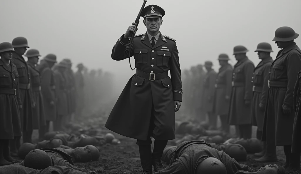 A colonel from ww2 shooting in a boys head in front of three dead body with cold blood, soldiers are watching, fogy, sad, full hd, black and white picture 