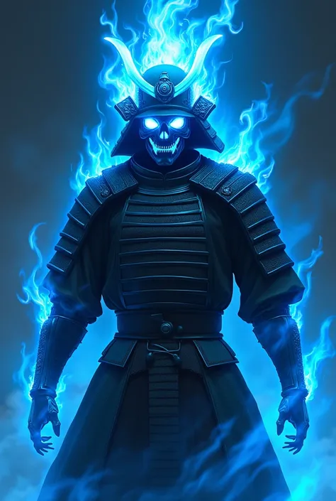 Create a skull-headed samurai on fire blue with blue flame eyes black armor with bright blue outline