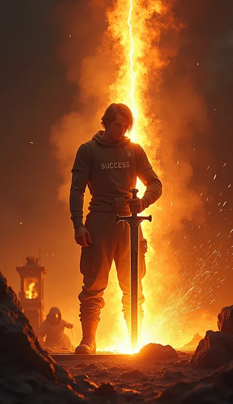 Depict a person standing confidently in front of a glowing forge, crafting a shining sword labeled Success. The forge represents the individuals self-discipline, with flames burning brightly, symbolizing effort and focus. Sparks fly as the person hammers t...