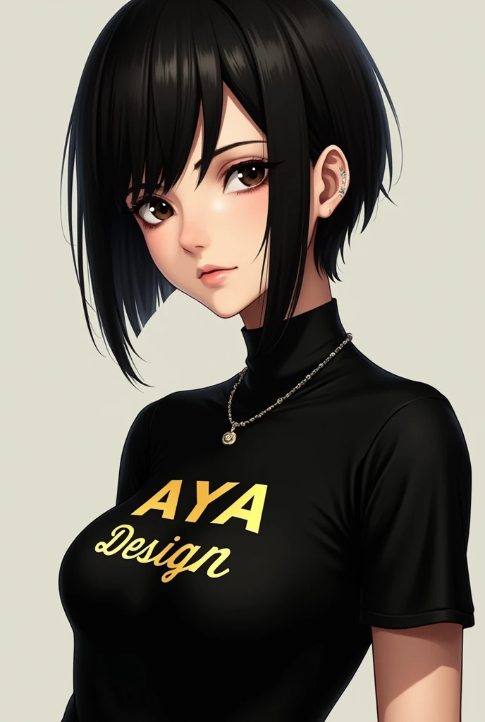  Aya Brea wearing a black shirt with the phrase written in gold: Aya Design 