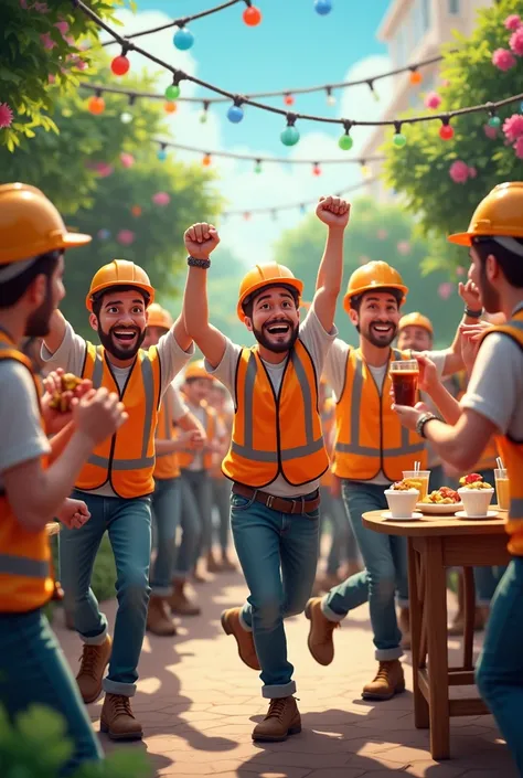 construction workers wearing hard hats dancing having a party in a garden music and entertainment construction workers wearing safety vests and safety helmets dancing eating