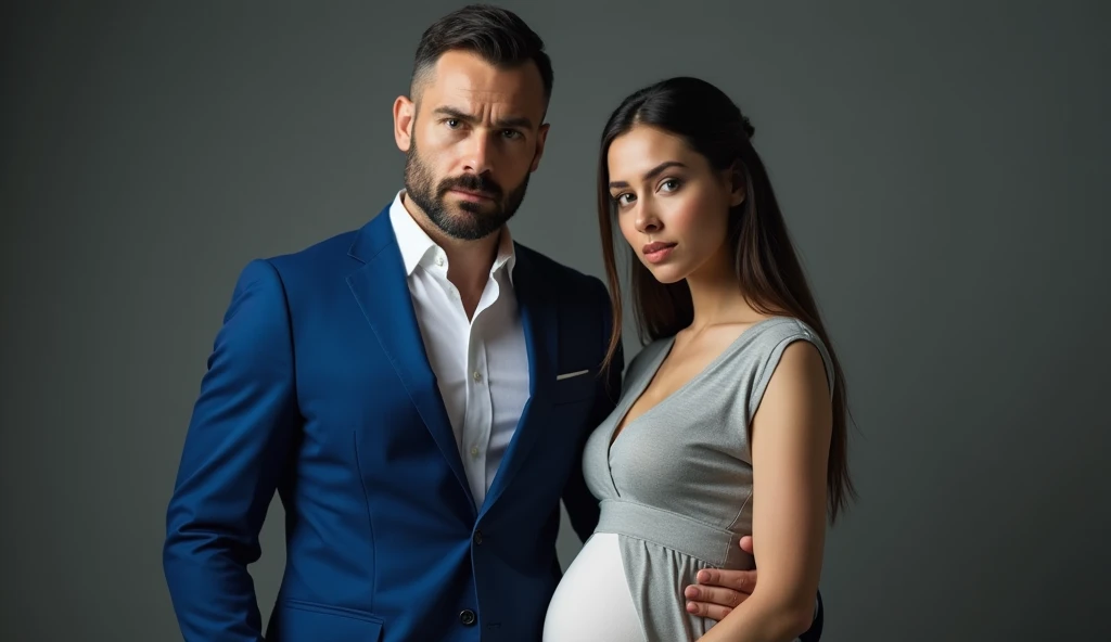 "A realistic and dramatic portrait-style image featuring a wealthy man and a pregnant woman standing side by side with serious expressions on their faces. The wealthy man, in his early 40s, has short dark hair, a neatly trimmed beard, and wears a sharp roy...