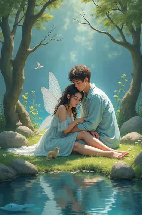 A teenage boy is sitting on ground and rest in peace ...around fantasy environment near a small beautiful lake with beautiful princess nature ...there are some small animals ...there is a beautiful teenage girl with him...and she like a fairy ...both ara w...