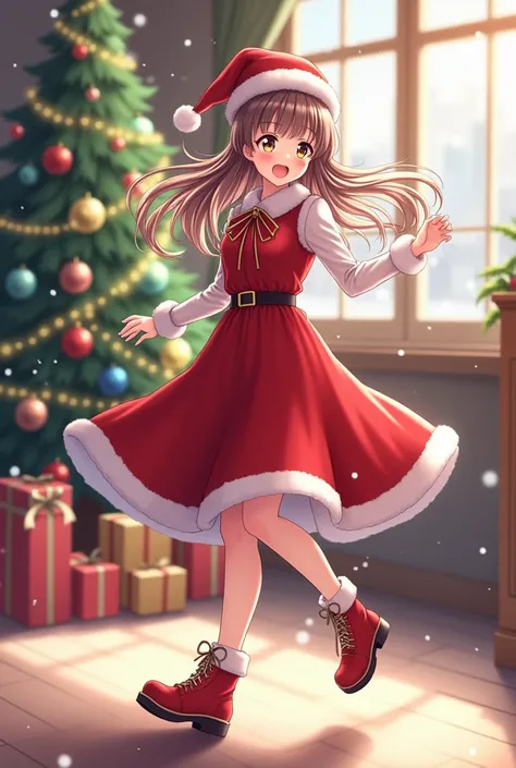  An 18-year-old anime-style ,  with delicate and expressive features ,  dancing happily in a Christmas atmosphere .  She is wearing Christmas clothes ,  like a red and white dress with synthetic leather details ,  a Santa Claus hat and cute winter boots . ...