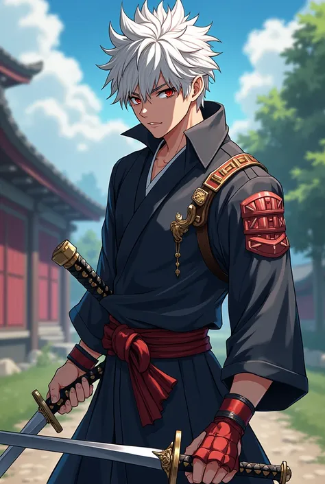  Create a young male character in the anime style, whose appearance looks like a samurai , He wears two daggers ,  He has white hair and red eyes , Height plus or minus 1,80