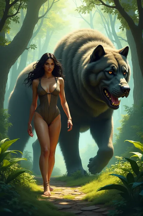 Sexy woman walking with very big dog in forest 