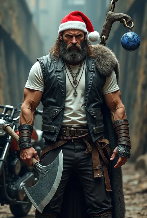  Viking with a white t-shirt and a black leather vest, He wears a very large double-edged axe and a Christmas hat. Behind it is a Harley , , a large chain and a number 23 made of blue stone. 