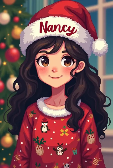  I want in pixel art ,  A young white adult ,  with curly hair , very dark brown , Very long , below the waist,  dark brown eyes too much ,  in a Christmas setting  ,   wearing Christmas pajamas  ,   and a Santa Claus hat  ,   the image doesnt show the ful...