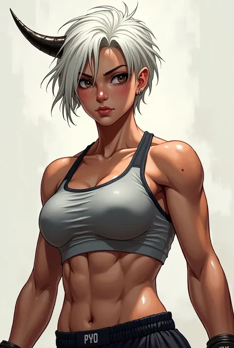 Okay now with the "Hajime No Ippo" style, make a white haired girl who has a horn at the side of her forehead. Shes tall as hell and also muscular, a MMA fighter maybe her hair short and remove one horn
